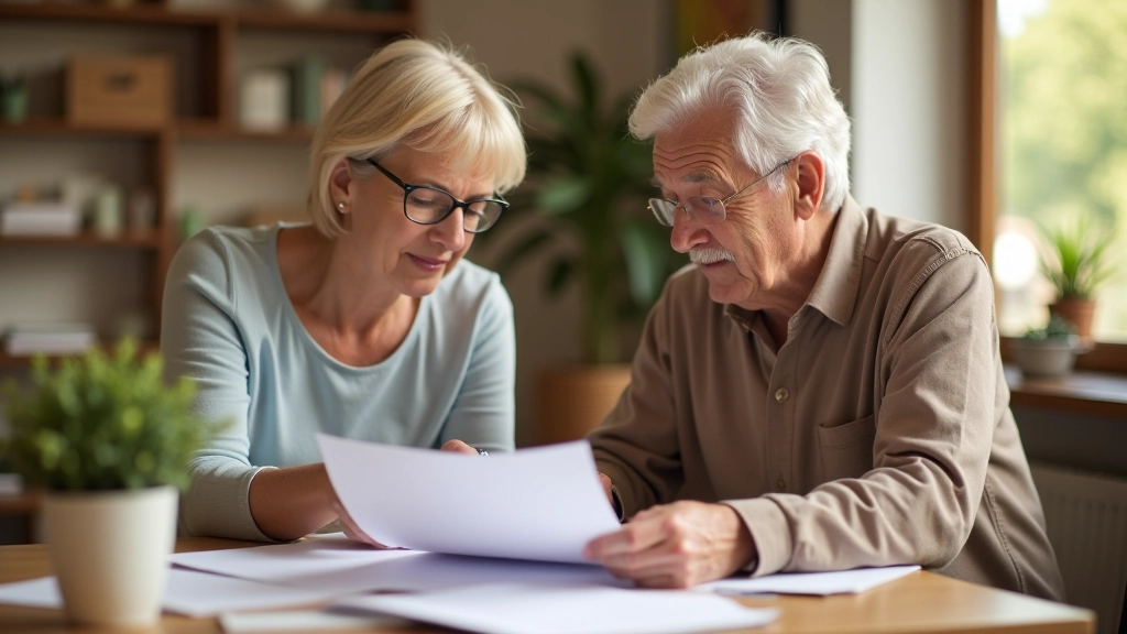 Elderly parent and adult child reviewing financial documents together at home office desk
