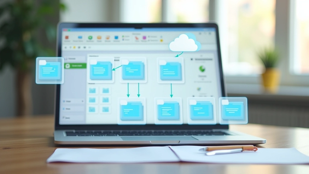 Cloud storage interface on computer showing organized folder structure with color-coded document categories