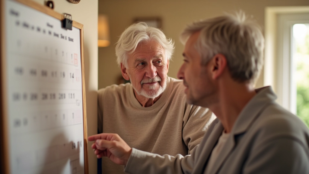 Multiple family members checking wall calendar in home setting, representing shared responsibility for schedule coordination