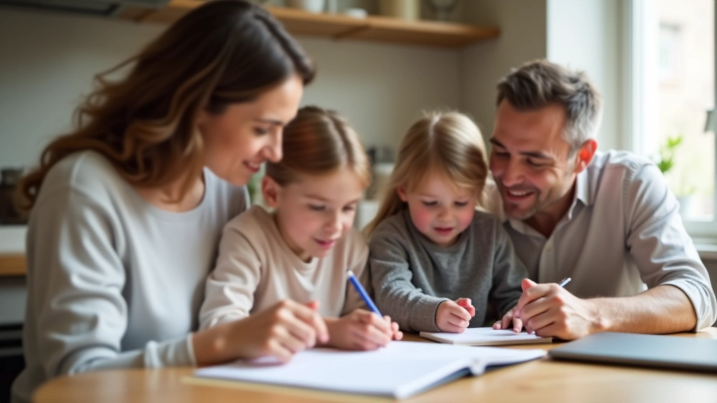 Family gathered around kitchen table reviewing weekly schedule together, with calendar and notebook visible