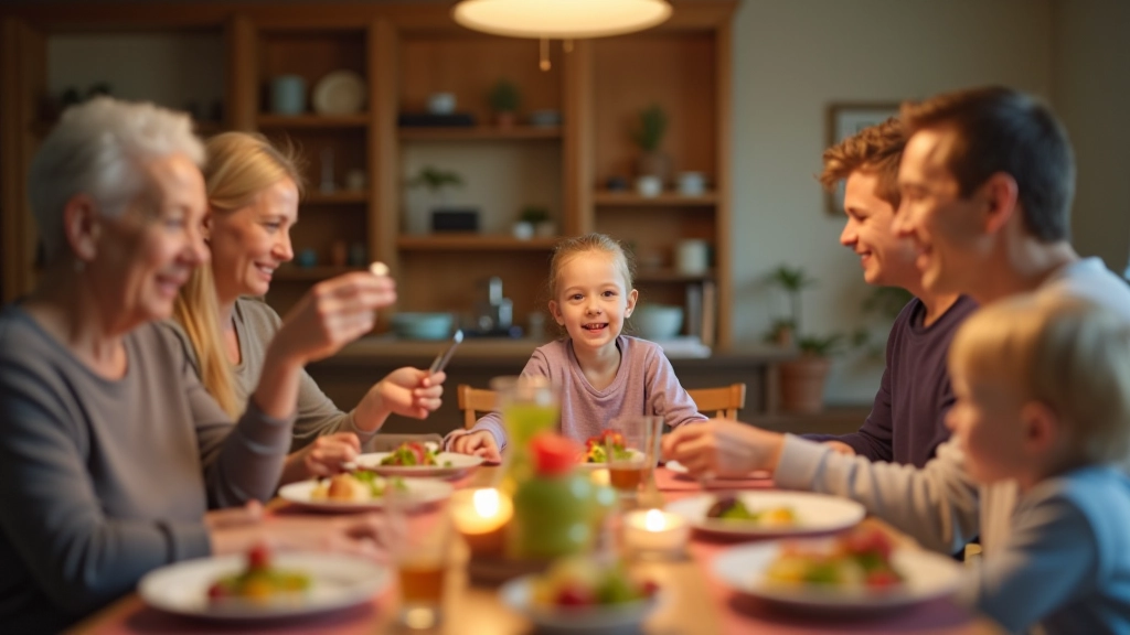 Family gathered around dinner table with different meals, each person eating what works for their dietary needs