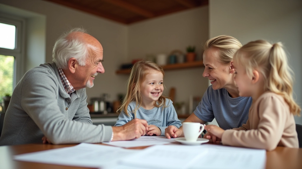 Multi-generational family gathered around a kitchen table with meal planning materials, calendar, and notebooks