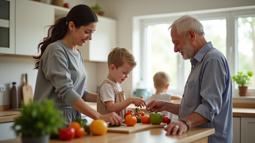 Family meal preparation scene with adult chopping vegetables while child helps and grandparent supervises from table