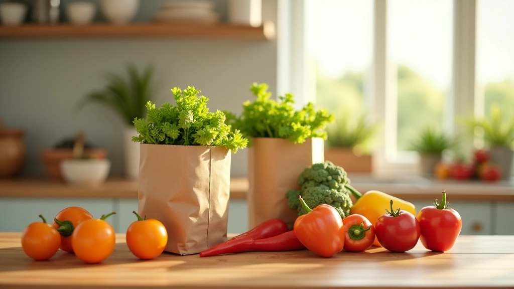 Grocery bags on kitchen counter with fresh vegetables, proteins, and pantry staples organized for meal prep