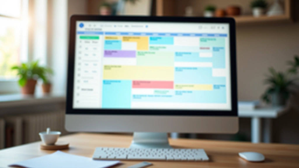Digital calendar on computer screen showing color-coded family schedules with multiple events and appointments