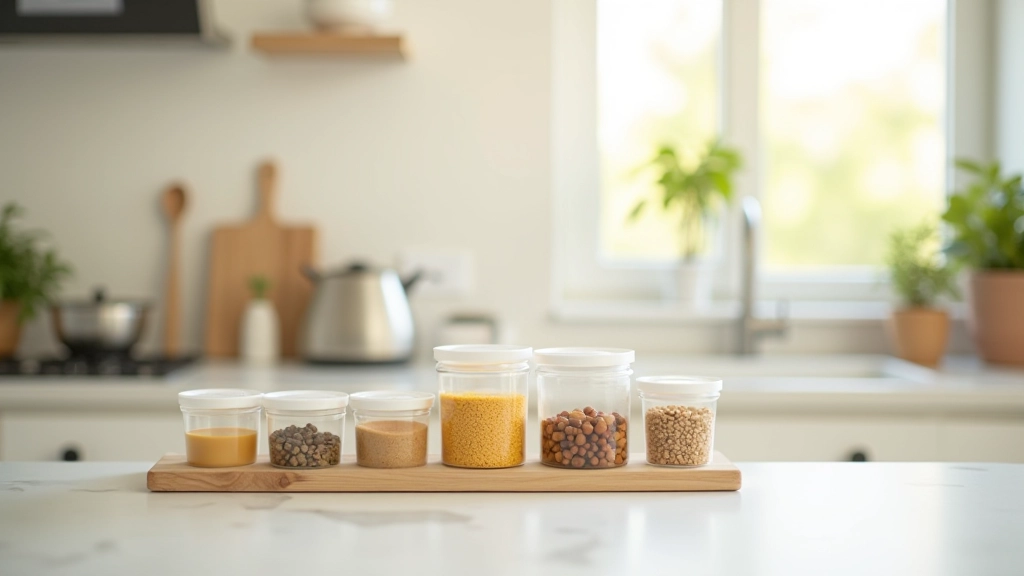 Modern kitchen counter with ingredients organized in clear containers and bowls ready for meal preparation