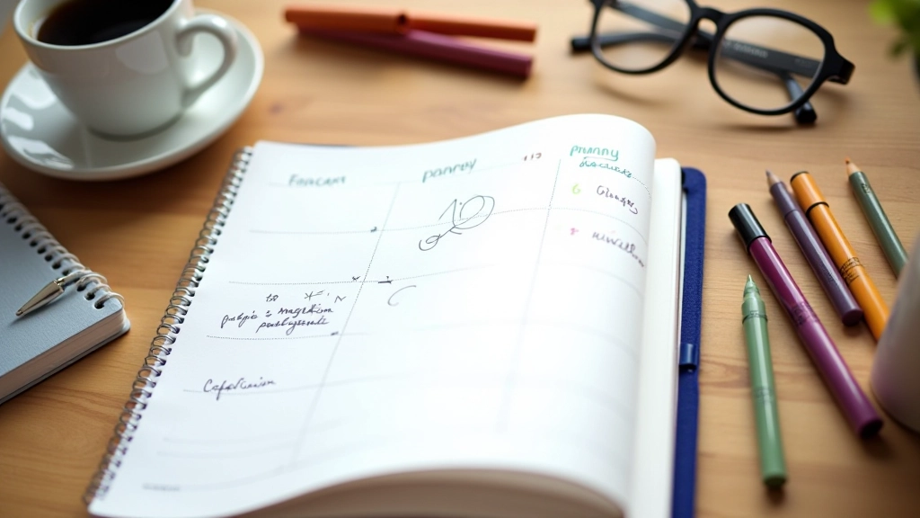 Planner notebook open showing weekly schedule with color-coded activities and time blocks