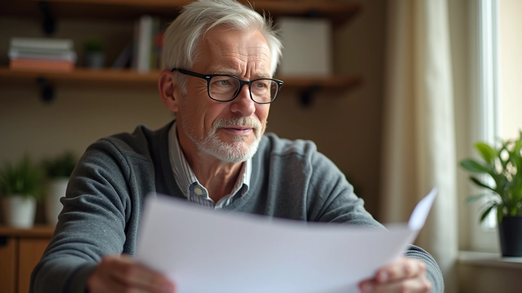 Older adult reading documents at desk with glasses, reviewing paperwork carefully, focused expression, home office setting