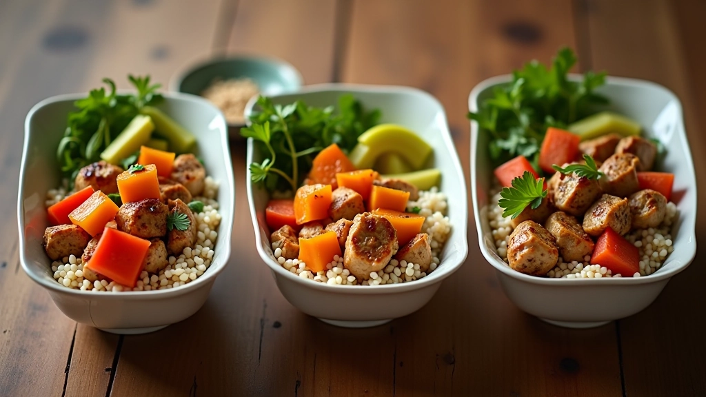 Three prepared meal bowls with same base of vegetables and rice, each topped differently with protein and sauces