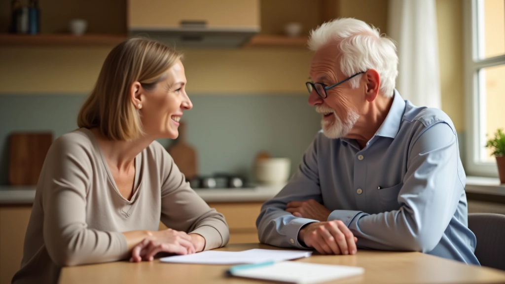 Adult child and elderly parent sitting together at kitchen table with notepad and pen, having a calm conversation