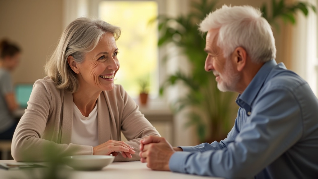 Two people in conversation at table, one listening thoughtfully with open body language, natural home setting, warm lighting