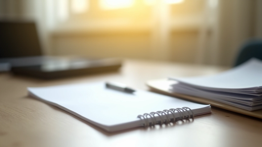 Organized workspace with notebook, pen, and folder containing documents, morning sunlight from window, minimalist desk setup