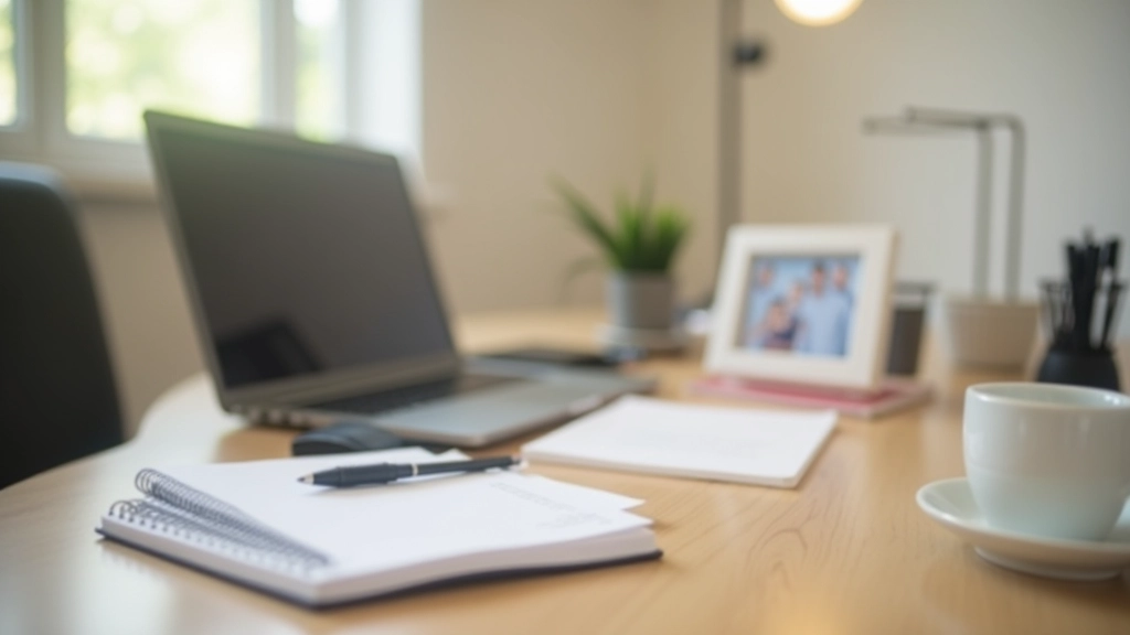Home office workspace with laptop, notebook, family photos, and organizational tools on clean desk